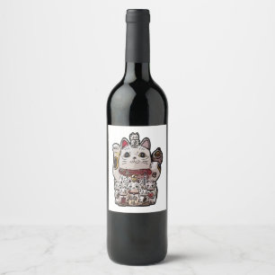 Maneki Neko Japanese Lucky Cat Luck porte bonheur Wine Label