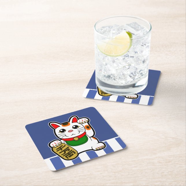 Maneki Neko: Japanese Lucky Cat Square Paper Coaster (Insitu)