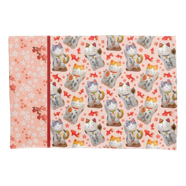Maneki Neko Japanese Waving Lucky Cat with Koi Pillowcase (Front-Left)