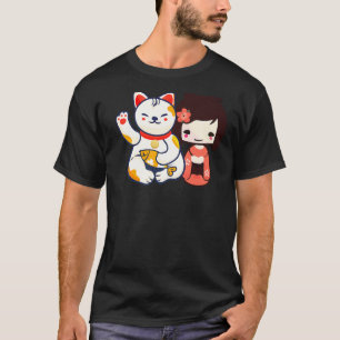 Maneki Neko Lucky Beckoning Cat With Cute Girl T-Shirt