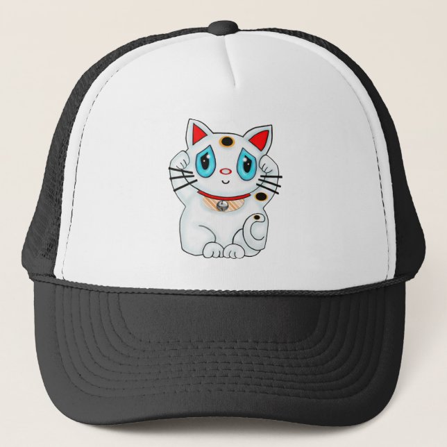 Maneki Neko Lucky Beckoning White Cat Trucker Hat (Front)