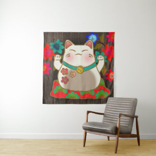 Maneki Neko lucky cat art Tapestry