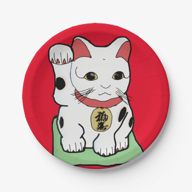 Maneki-Neko /Lucky Cat Emoji Paper Plate (Front)