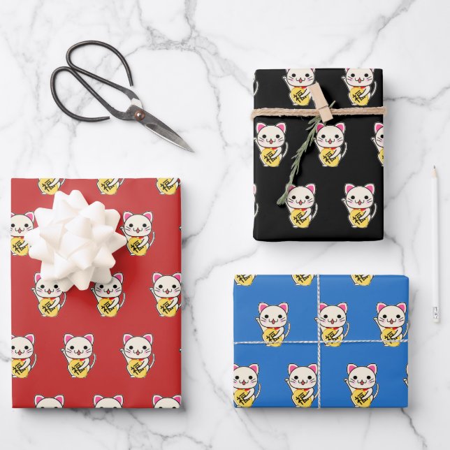 Maneki Neko - Lucky Cat Mixed Wrapping Paper Sheet (Front)
