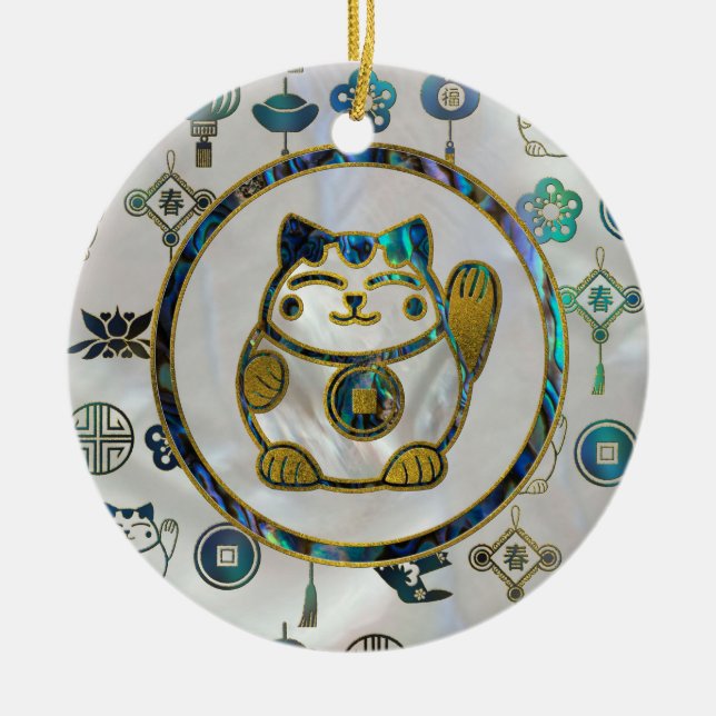 Maneki Neko Lucky cat on  pearl and abalone Ceramic Tree Decoration (Front)