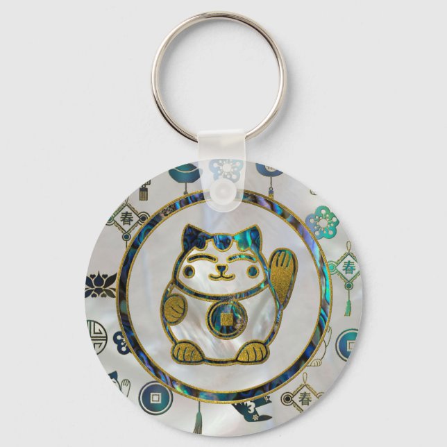Maneki Neko Lucky cat on  pearl and abalone Key Ring (Front)