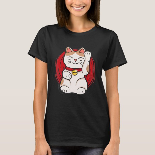 Maneki Neko Lucky Cat Statue Waving Japanese Style T-Shirt (Front)