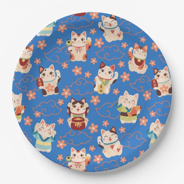 Maneki Neko Lucky Cats Paper Plate (Front)