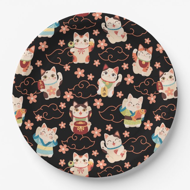 Maneki Neko Lucky Cats Paper Plate (Front)