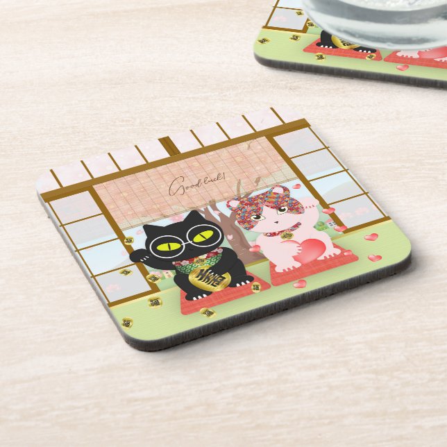 Maneki Neko Lucky Poiluna Hard plastic Coaster (Left Side)