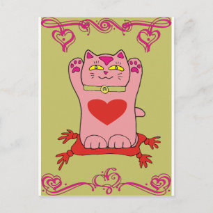 Maneki Neko Pink Cat with Hearts Postcard