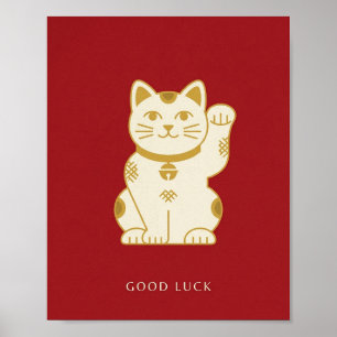 Maneki Neko Poster, Gold Lucky Cat Red Japanese Poster