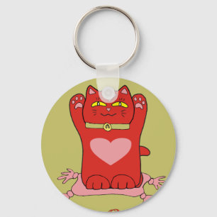 Maneki Neko Red Cat with Hearts Key Ring