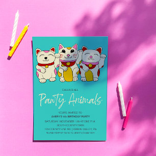 Maneki Neko Waving Japanese Good Luck Cat Birthday Invitation