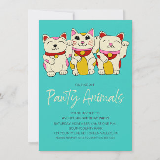 Maneki Neko Waving Japanese Good Luck Cat Birthday Invitation