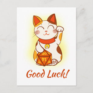 Maneki Neko With D20 RPG Dice Good Luck Postcard
