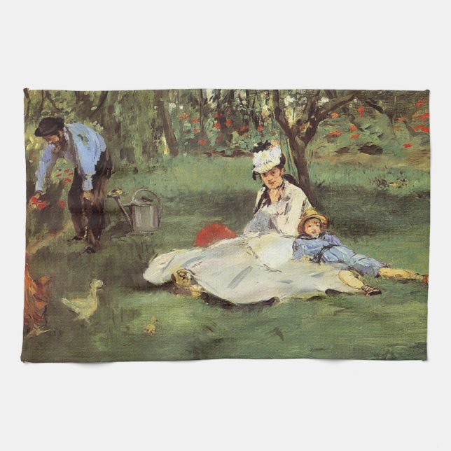 Manet Impressionist French Family Garden Painting Tea Towel (Horizontal)