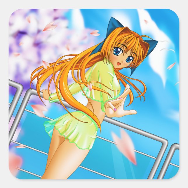 Manga Anime Cute Girl in See Through Green Skirt Square Sticker (Front)