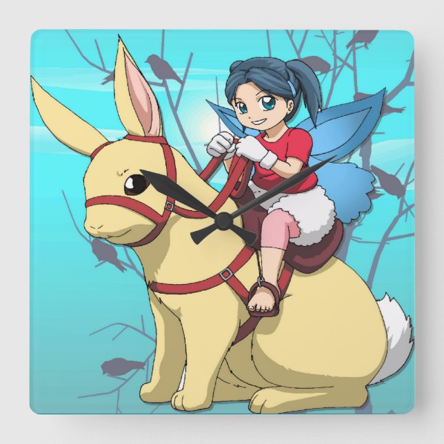 Manga fairy, rabbit and rider square wall clock (Front)