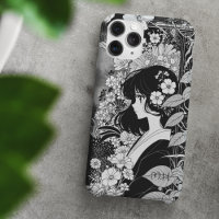 Manga Girl Floral Black White Monogram Custom Name