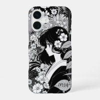 Manga Girl Floral Black White Monogram Custom Name