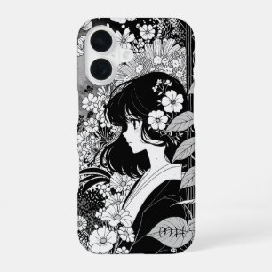 Manga Girl Floral Black White Monogram Custom Name iPhone 16 Case