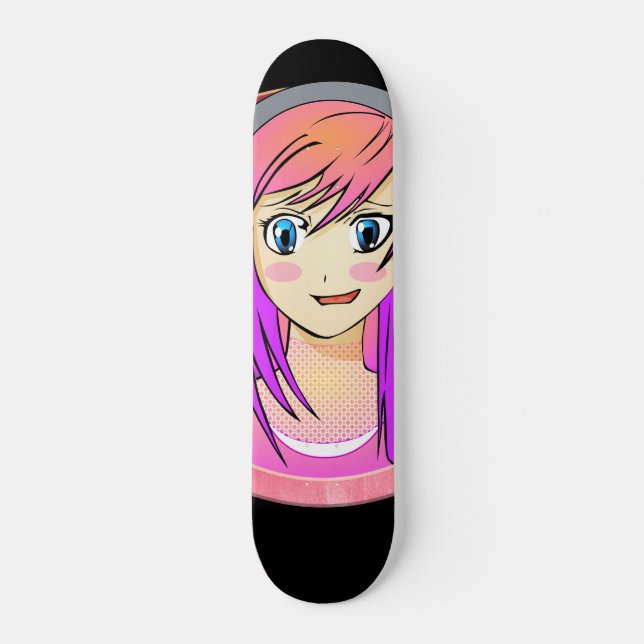  Manga girl, pink hair, blue eyes, blush frame Skateboard (Front)