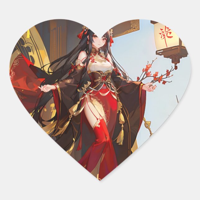 Manga girl sticker with red evening dress (Front)