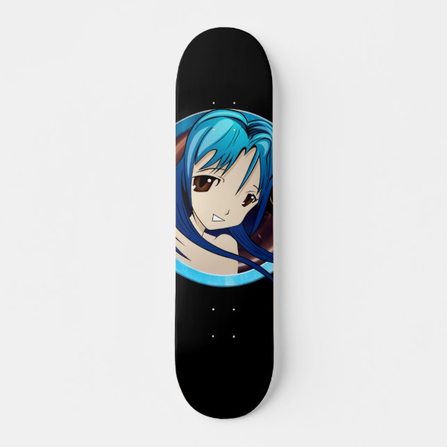  Manga girl, teal hair, brown eyes, teal frame Skateboard (Front)