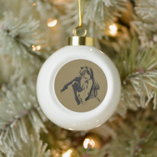 Manga, Neko Catgirl Furry Kawaii Loli Ceramic Ball Christmas Ornament