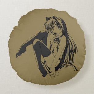 Manga, Neko Catgirl Furry Kawaii Loli  Round Cushion