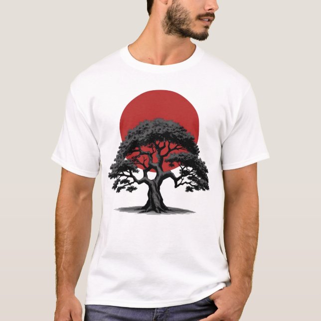 Manga Style Dark Tree with Red Sun T-Shirt (Front)