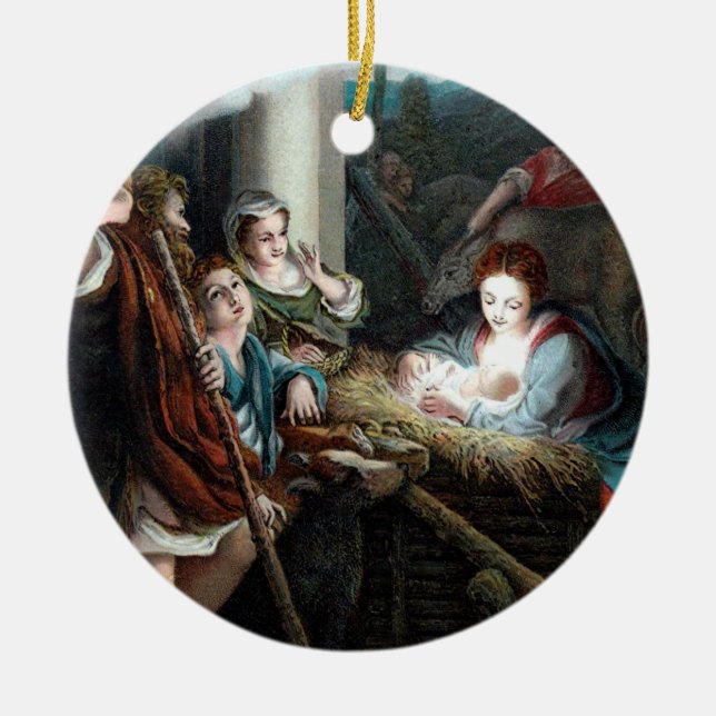 Manger Scene, Round Ceramic Tree Decoration (Front)