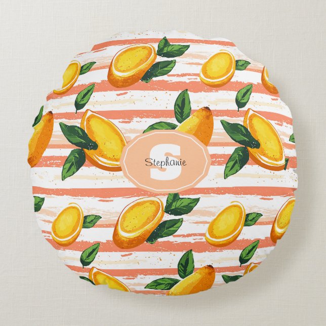 Mango Fruit Pattern with Green Leaves Round Cushion (Front)