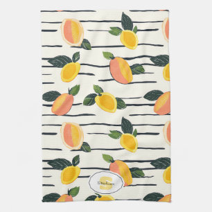 Mango Fruit Print Coral Yellow on Striped Ivory Tea Towel