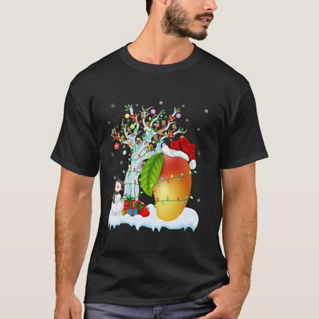 Mango Fruit Xmas Lighting Tree Santa Hat Mango Chr T-Shirt (Front)