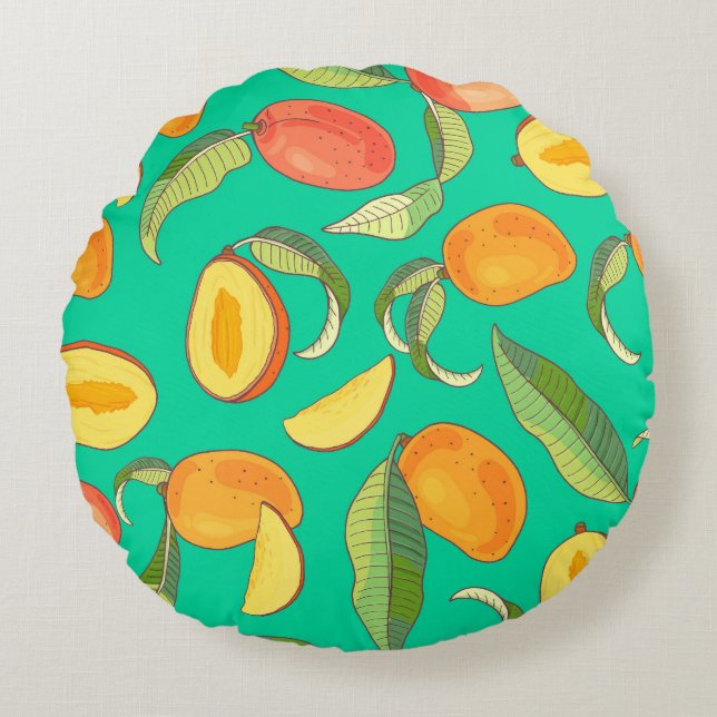 Mango Medley: Tropical Fruit Pattern Round Cushion (Front)