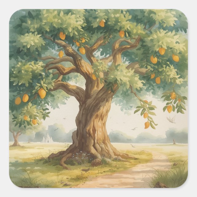 Mango Tree in Vrindavan | Watercolor on Paper  Square Sticker (Front)