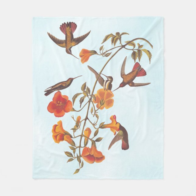Mangrove Hummingbirds with Orange Trumpet Flowers Fleece Blanket (Front)