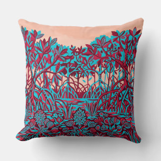 Mangrove Throw Pillow – Ruby & Cyan Wetland Art