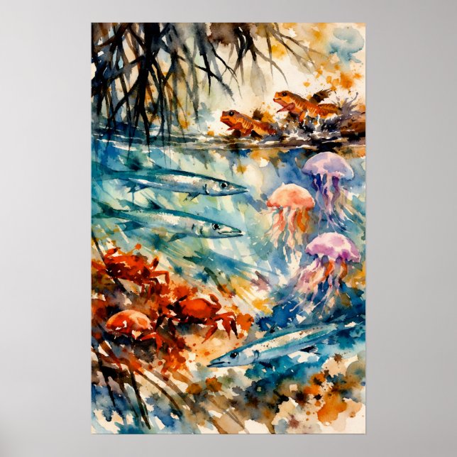 Mangrove Wildlife Watercolor Art Poster (Front)