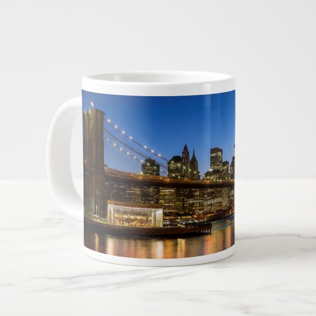 Manhattan and Brooklyn Bridge at dusk Large Coffee Mug (Front Left)