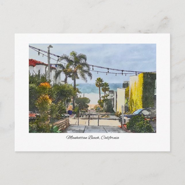 Manhattan Beach California Watercolor Painting Postcard (Front)