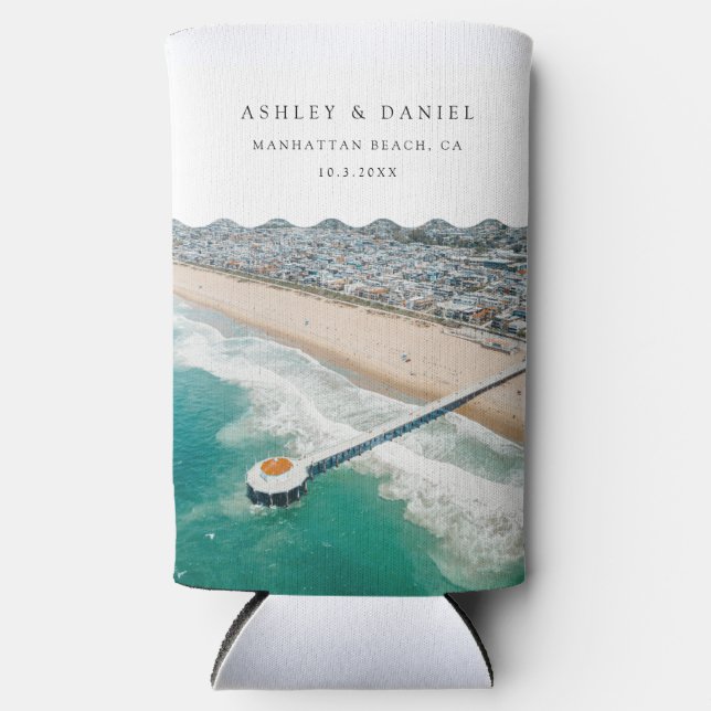 Manhattan Beach Wedding Favour Seltzer Can Cooler (Front)