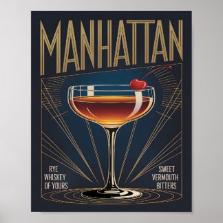 Manhattan Cocktail Art Deco Navy Blue Bar Poster