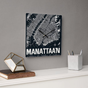 Manhattan Map Illustration Square Wall Clock