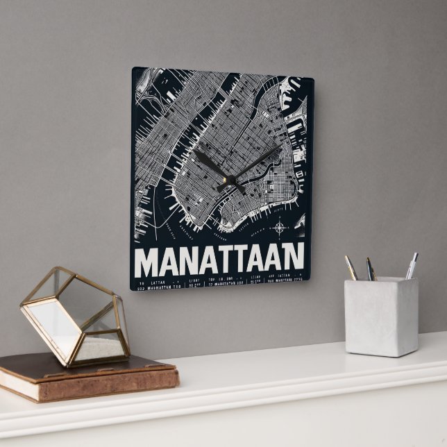 Manhattan Map Illustration  Square Wall Clock (Office)