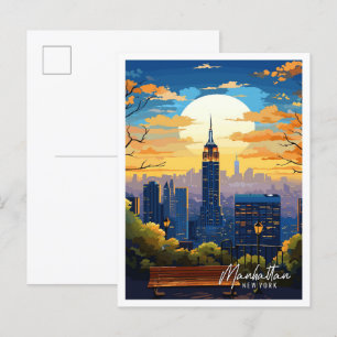 Manhattan New York Art vintage travel illustration Postcard