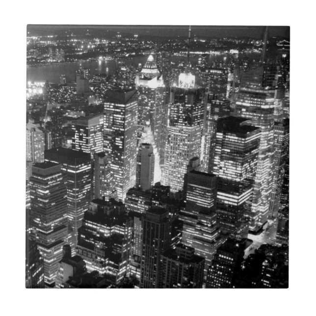 Manhattan New York City Night Black & White Tile (Front)