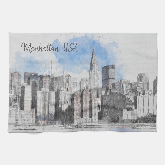 Manhattan New York City Skyline Kitchen Towel  (Horizontal)